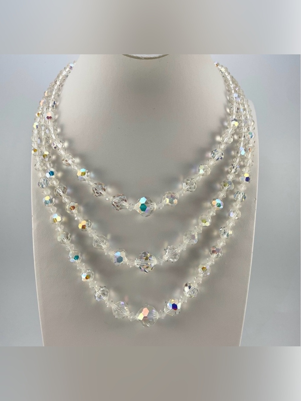Vintage Aurora Borealis Crystal Bead Necklace Triple Strand Sparkle